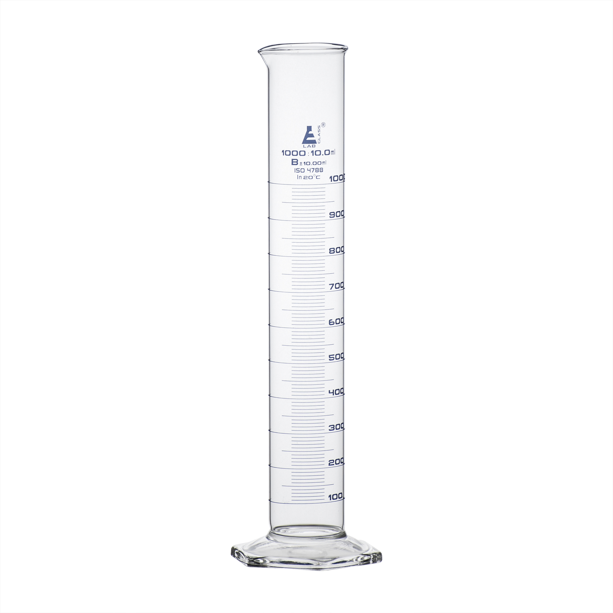 Graduated Cylinder, 1000ml - Class B Tolerance ±10.0ml - Hexagonal Base - Blue Graduations - Borosilicate 3.3 Glass
