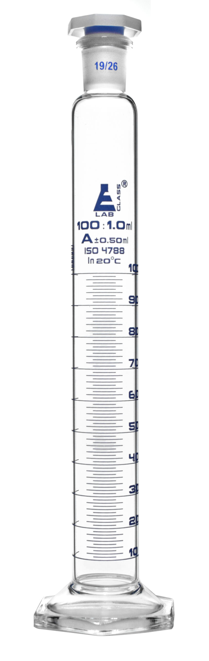 Measuring Cylinder, 100ml - Class Tolerance ±0.50ml - 19/26 Polypropylene Stopper - Hexagonal Base, Blue Graduations - Borosilicate Glass