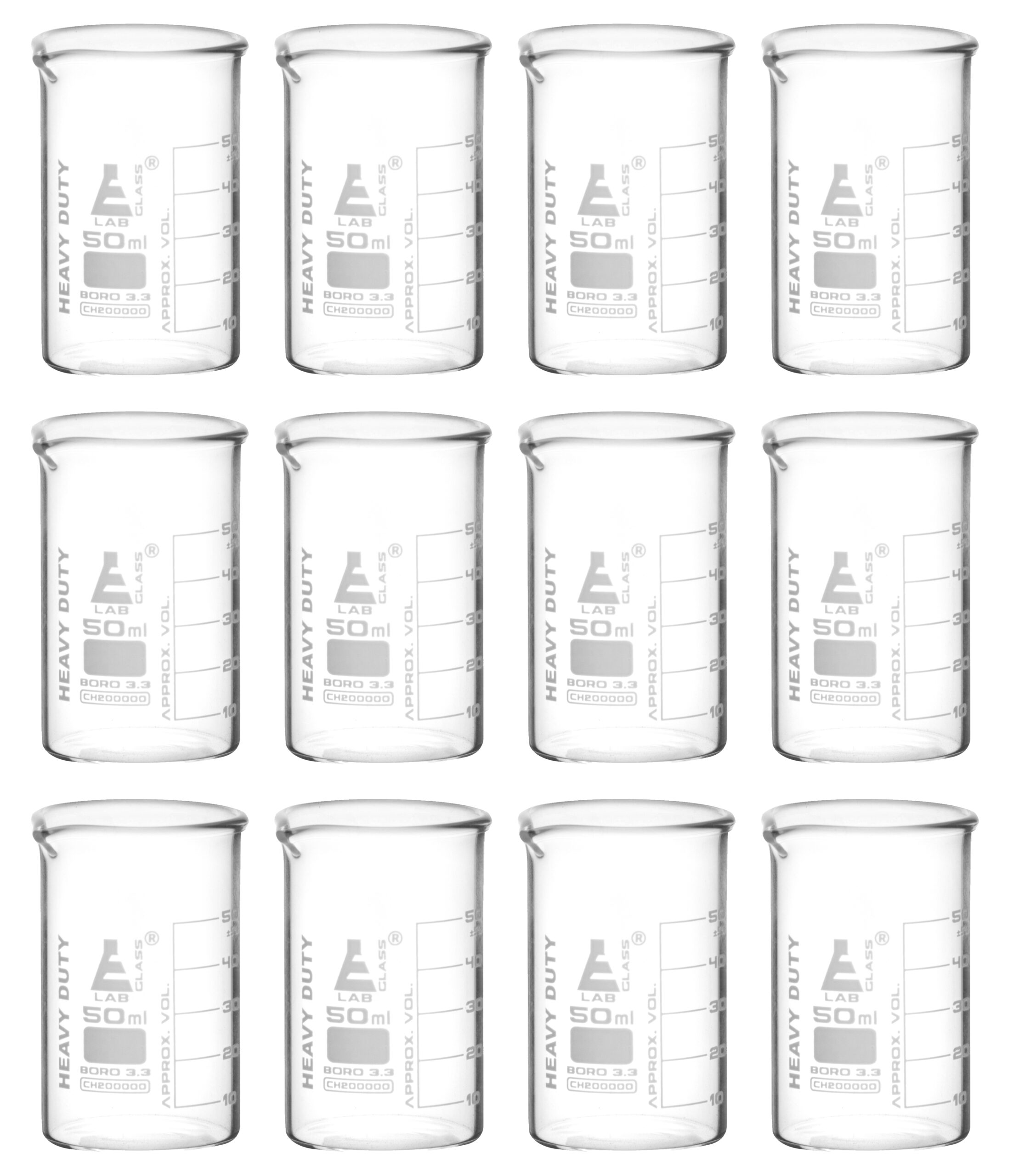 12PK Heavy Duty Beakers, 50ml - 5mm Thick, Uniform Walls - Superior Durability & Chemical Resistance - White Graduations - Borosilicate 3.3 Glass