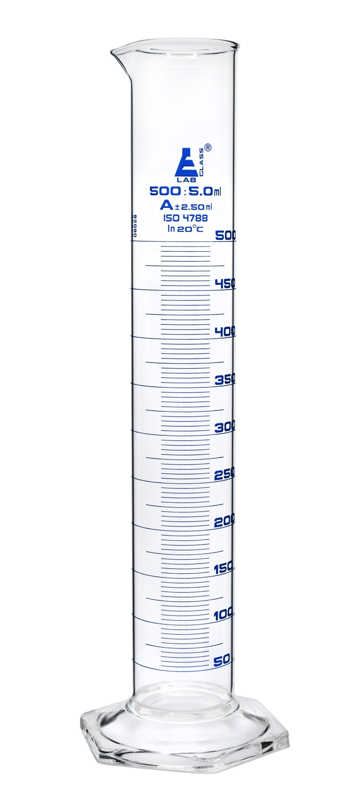 Graduated Cylinder, 500ml - Class A Tolerance ±2.50ml - Hexagonal Base - Blue Graduations - Borosilicate 3.3 Glass
