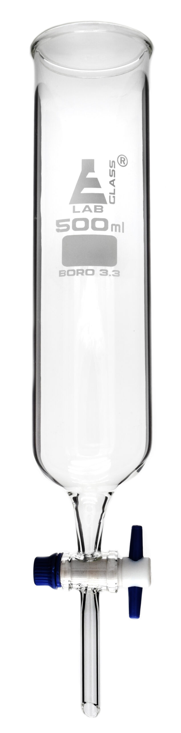 Dropping Funnel, 500ml - PTFE Key Stopcock, Open Top, Cylindrical - Ungraduated - Cylindrical, Borosilicate Glass