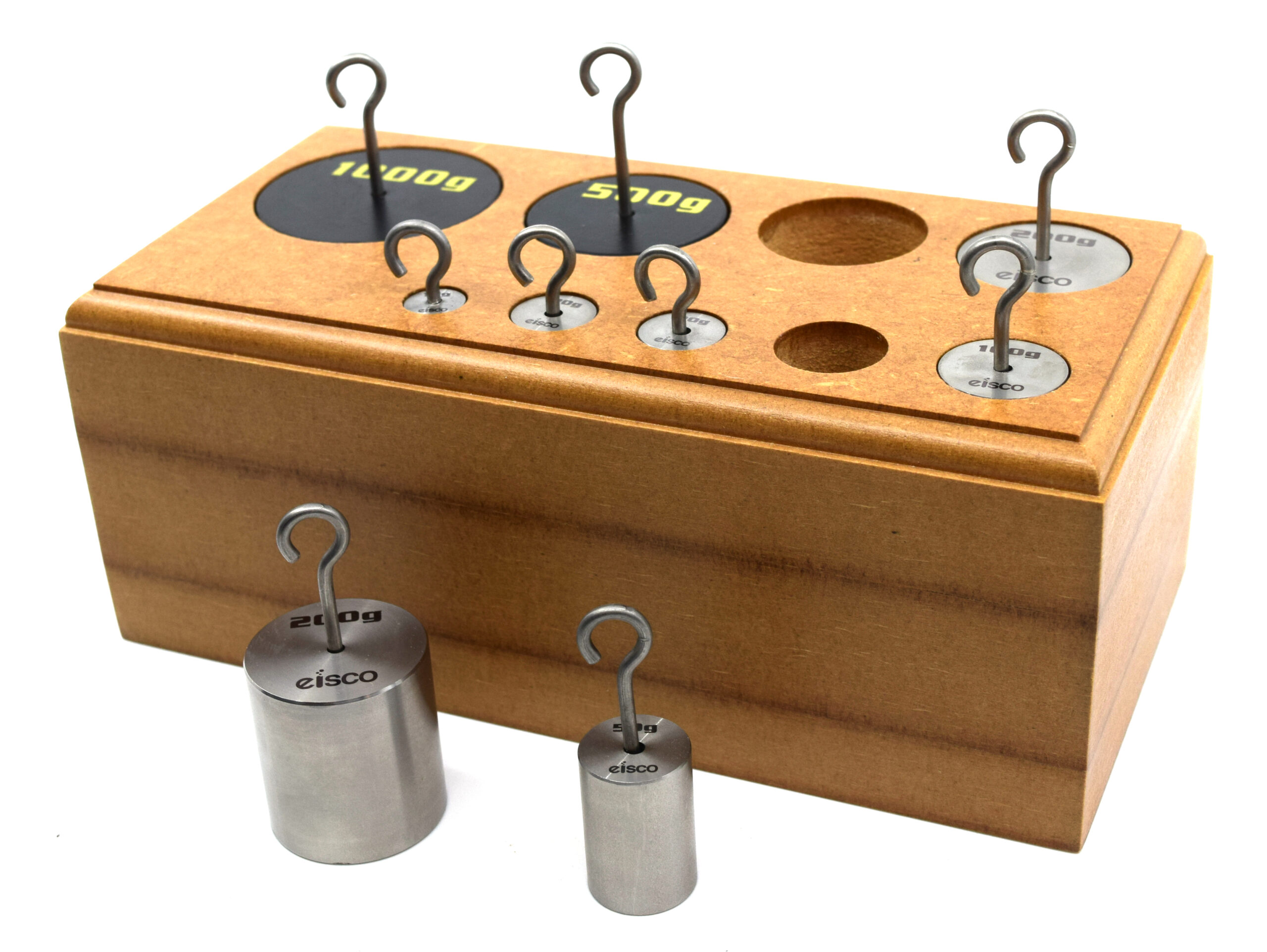 Hooked Weights Set, Stainless Steel, 9 Pieces - Metric Grams, 10-1000 grams - Includes Wooden Storage Block