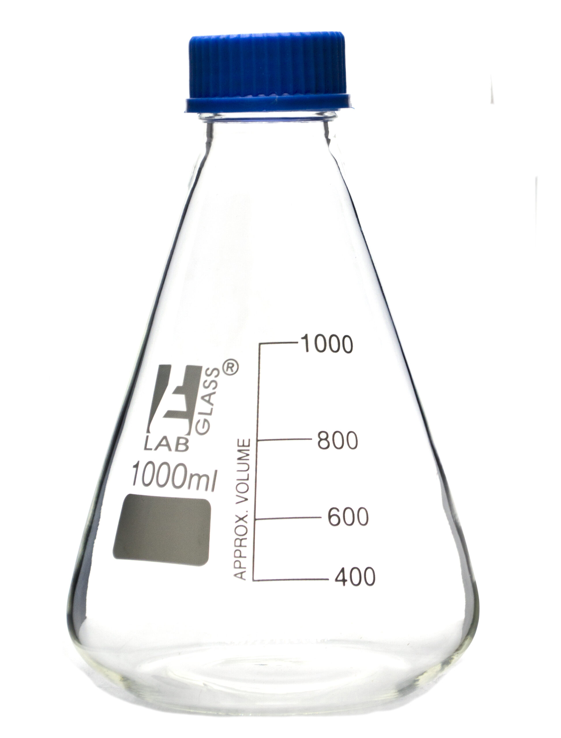 Erlenmeyer Flask, 1000ml - Borosilicate Glass - With PTFE Screw Cap - Conical Shape - White Graduations